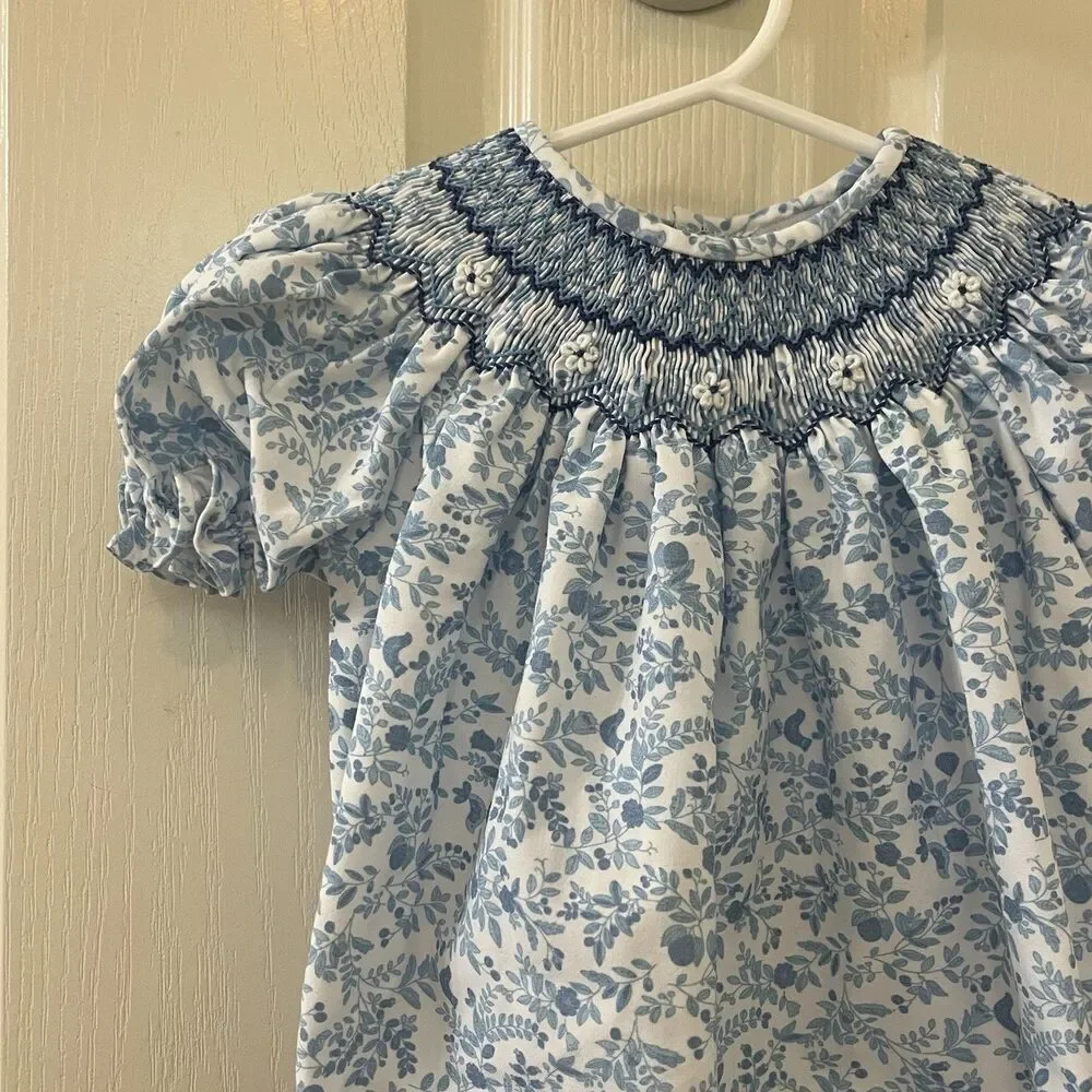 Sweet Dreams Blue Floral Birds Smocked Bubble Romper Girls Size 12 Months